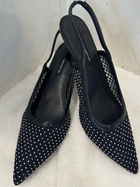 French Connection Black Pointed Slingback Heels with Silver Studs New